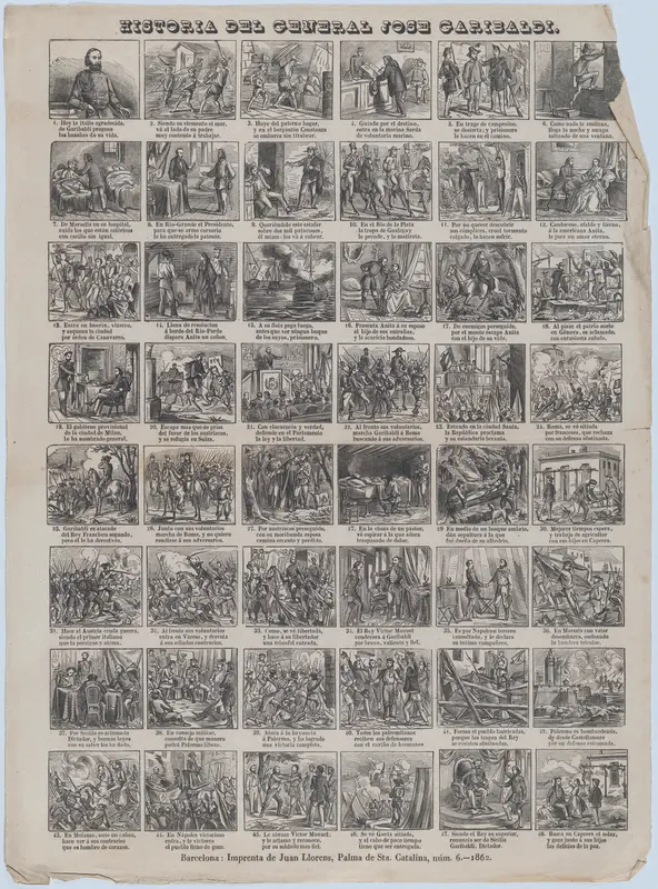 Broadside with 48 scenes relating to the life of Giuseppe Garibaldi