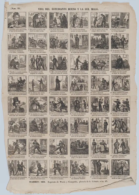Broadside with 48 scenes relating to the lives of the good student and the bad student Wall Art by José María Marés - High-Resolution Digital Print