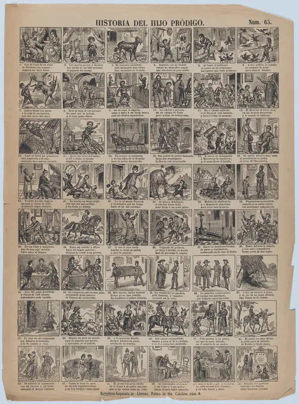 Broadside with 48 scenes relating to the story of the prodigal son