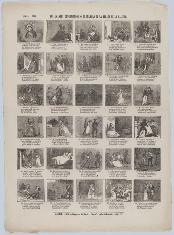 Broadside with 48 scenes relating to the unhappy lovers, or the miracle of the Virgin of the dove Wall Art by José María Marés - High-Resolution Digital Print