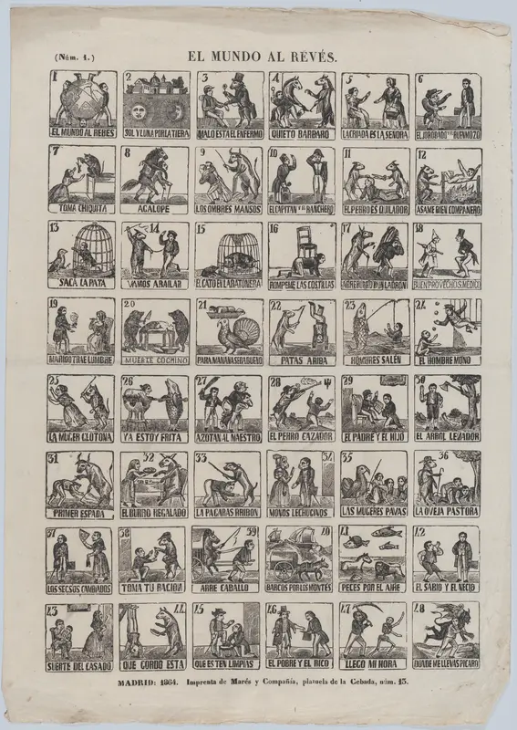 Broadside with 48 scenes relating to the world upside down Wall Art by José María Marés - High-Resolution Digital Print