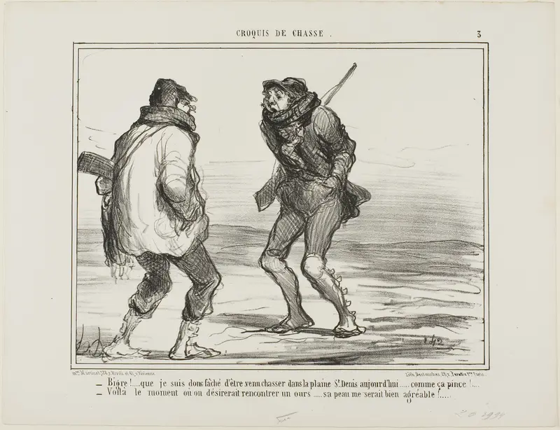 “- Brrrr! I am furious that I came here to hunt in the St. Denis-Plain. It's just too cold!… - One of those days when you would love to catch a bear. His fur would be more than welcome right now!,” plate 3 from Croquis De Chasse