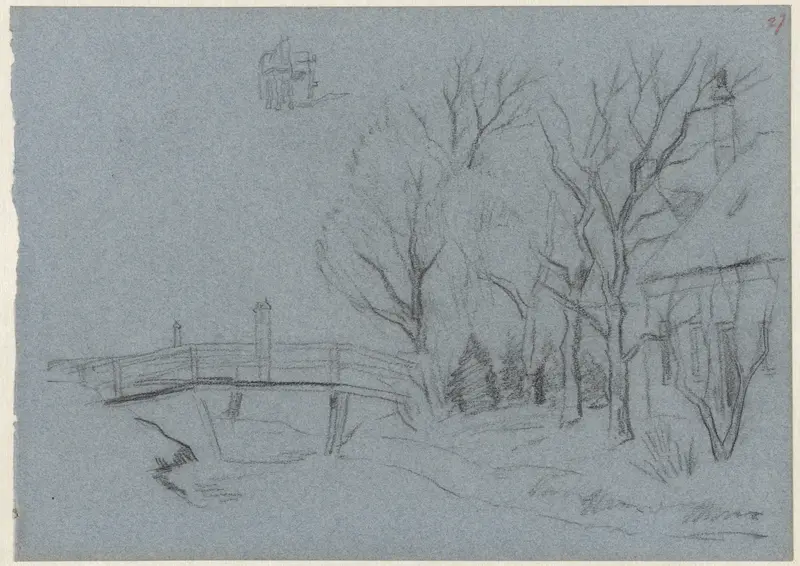 Bruggetje en bomen bij een huis