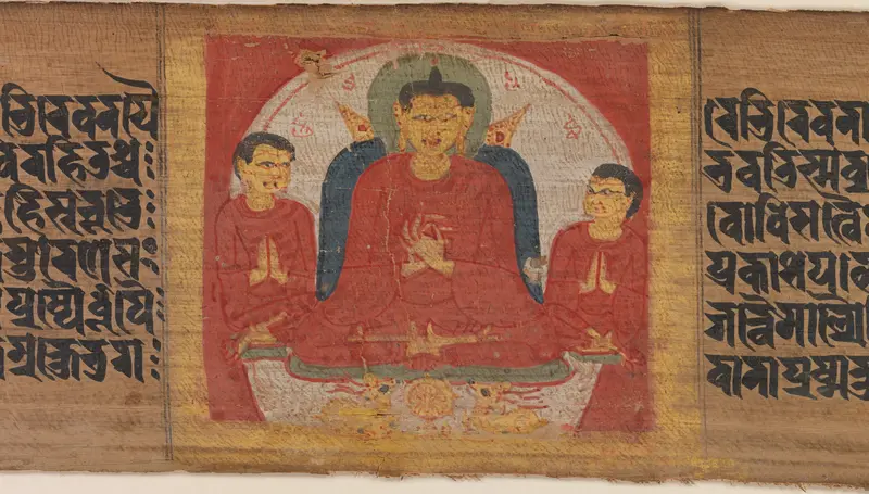 Buddha with His Hands Raised in Dharmacakra Mudra, Leaf from a dispersed Pancavimsatisahasrika Prajnaparamita Manuscript Wall Art by Unknown - High-Resolution Digital Print