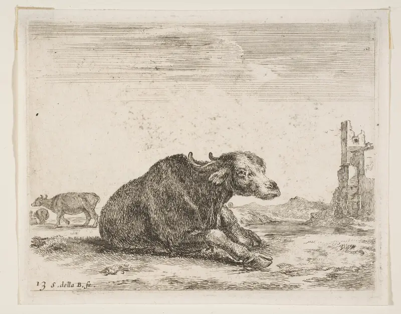 Buffalo lying down, plate 13 from "Various Animals" (Diversi Animali) Wall Art by Stefano della Bella - High-Resolution Digital Print