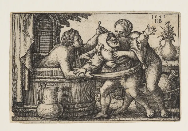 Buffoon and the Two Bathing Women Wall Art by Sebald Beham - High-Resolution Digital Print