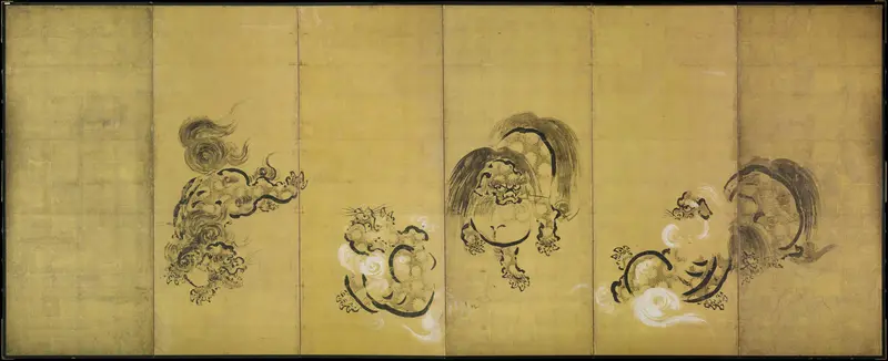 Bugaku Dances (front); Chinese Lions (reverse) Wall Art by Hanabusa Itchō - High-Resolution Digital Print