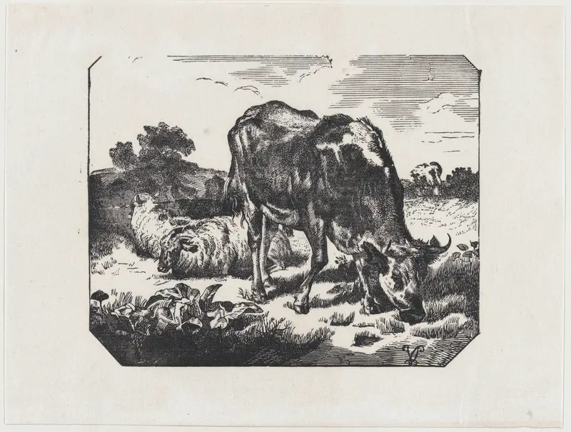 Bull and sheep in a pasture Wall Art by Anonymous Mexican Artist - High-Resolution Digital Print