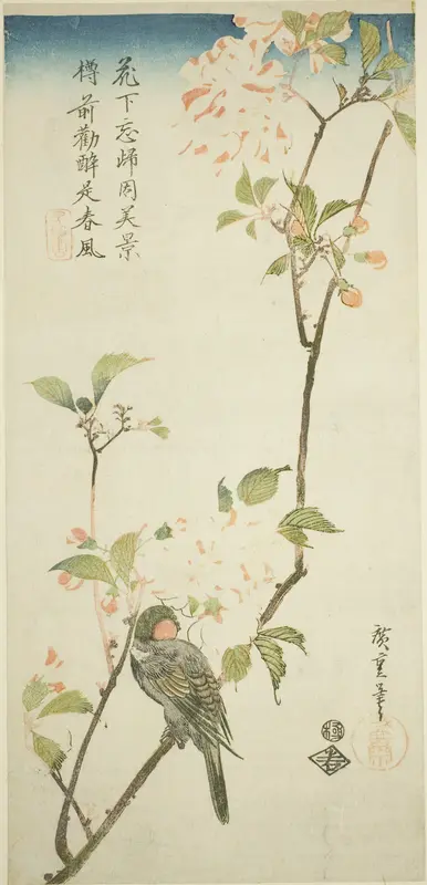 Bullfinch on aronia branch Wall Art by Utagawa Hiroshige - High-Resolution Digital Print