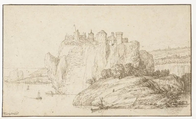 Burcht op een rots in een rivierlandschap Wall Art by Abraham Furnerius - High-Resolution Digital Print