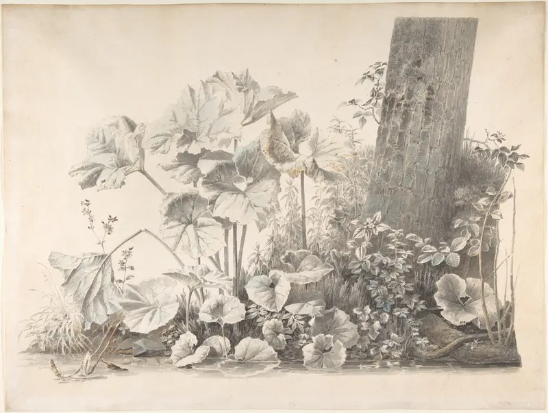 Burdocks, Campions and Brambles by a Treetrunk on a River Bank Wall Art by Josephus Augustus Knip - High-Resolution Digital Print