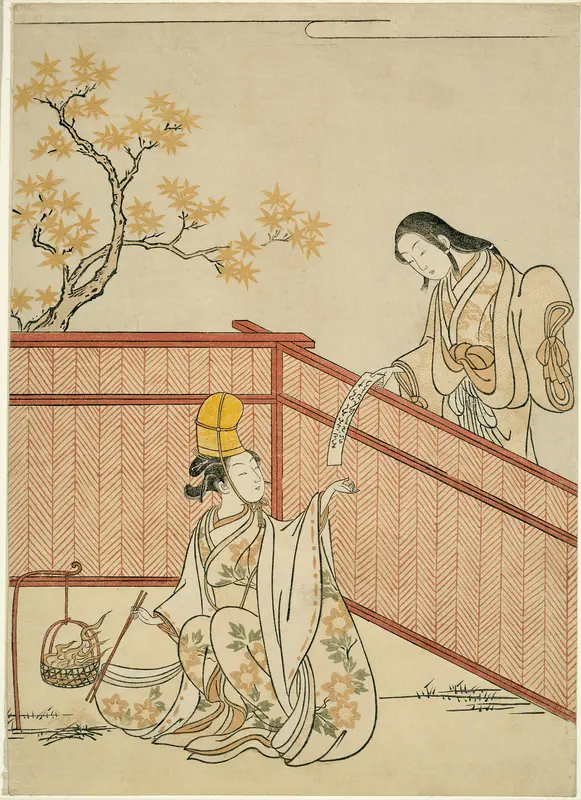 Burning Autumn Maple Leaves Wall Art by Suzuki Harunobu - High-Resolution Digital Print