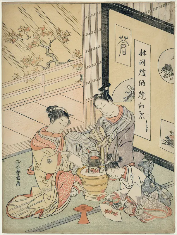 Burning Maple Leaves to Heat Sake Wall Art by Suzuki Harunobu - High-Resolution Digital Print
