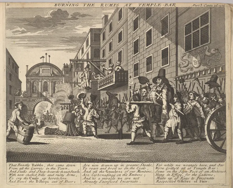 Burning the Rumps at Temple Bar (Plate 11: Illustrations to Samuel Butler's Hudibras) Wall Art by William Hogarth - High-Resolution Digital Print