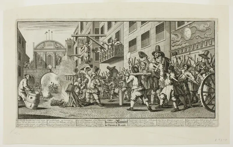 Burning the Rumps at Temple Bar, plate eleven from Hudibras Wall Art by William Hogarth - High-Resolution Digital Print