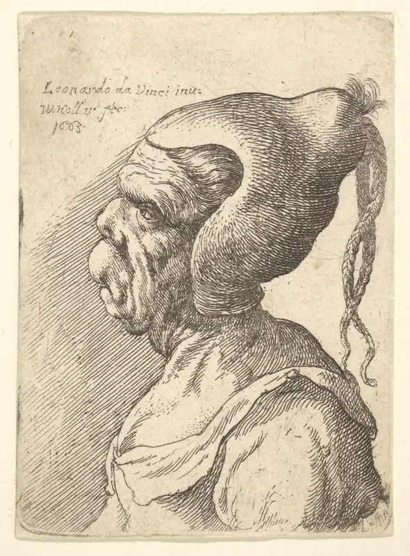 Bust of a deformed woman with conical hat and two dangling plaits in profile to left Wall Art by Wenceslaus Hollar - High-Resolution Digital Print