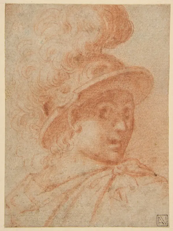 Bust of a Warrior Wearing a Plumed Helmet, Looking Toward Spectator Over His Right Shoulder (recto); Sketch of a Leg (verso) Wall Art by Camillo Procaccini - High-Resolution Digital Print