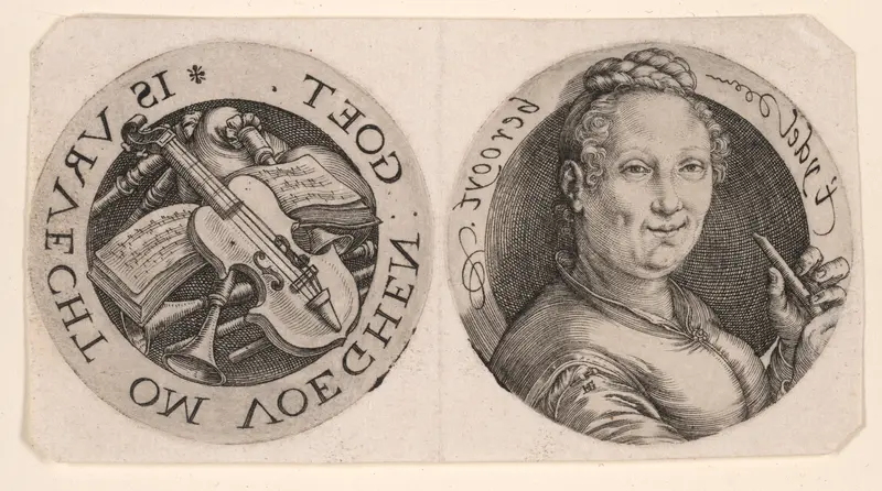 Bust of a Woman holding a Flute, and Musical Instruments, on one sheet