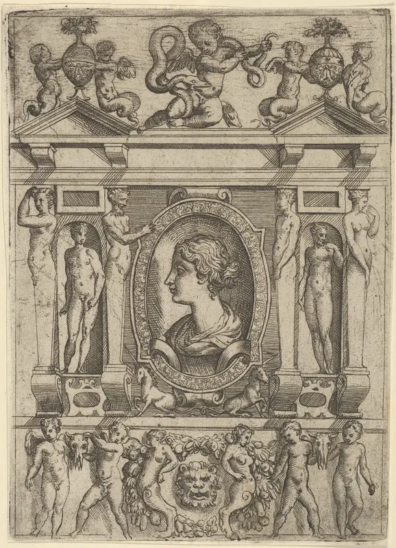 Bust of a woman in profile facing left, set in an elaborate frame with figures in niches Wall Art by Battista Angolo del Moro - High-Resolution Digital Print