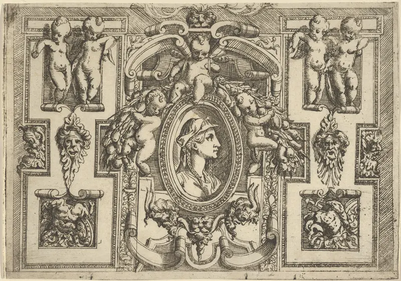 Bust of a woman in profile facing right, set within an elaborate frame with putti Wall Art by Battista Angolo del Moro - High-Resolution Digital Print