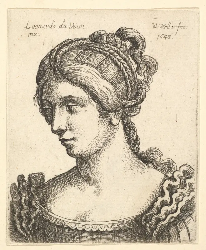 Bust of a woman looking downwards towards left with elaborately decorated hair Wall Art by Wenceslaus Hollar - High-Resolution Digital Print