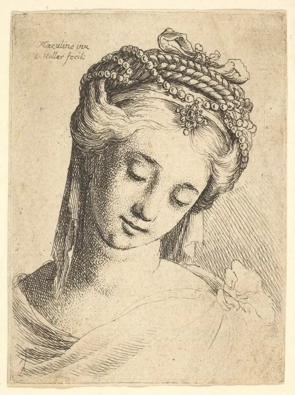 Bust of a young woman with elaborate headdress, looking down. Wall Art by Wenceslaus Hollar - High-Resolution Digital Print