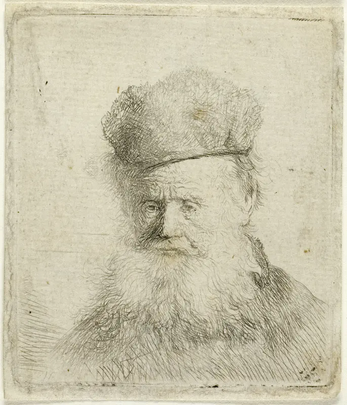Bust of an Old Man with a Fur Cap and Flowing Beard, Nearly Full Face Wall Art by Rembrandt van Rijn - High-Resolution Digital Print
