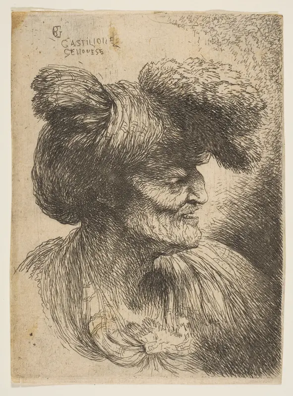 Bust of beardless old man in profile facing right, from "Small Heads in Oriental Headdress"