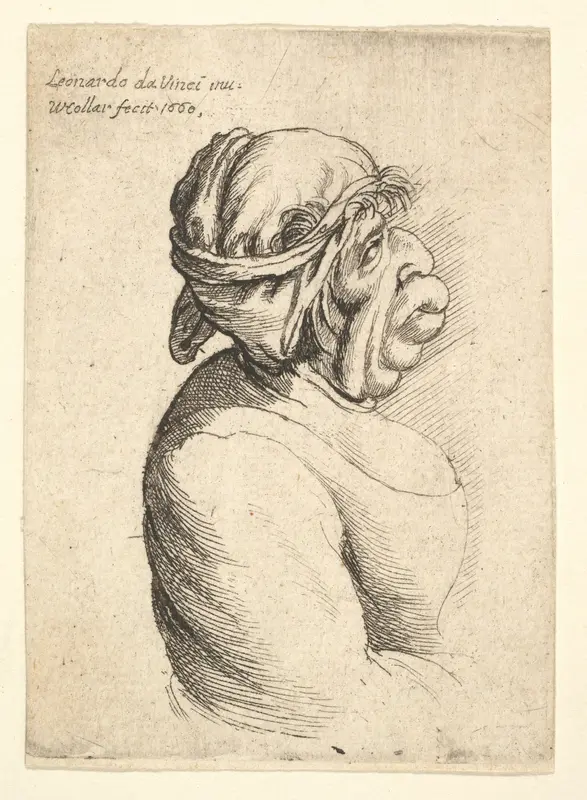 Bust of woman with protruding mouth wearing low-cut dress and cloth bound around her head, in profile to right Wall Art by Wenceslaus Hollar - High-Resolution Digital Print