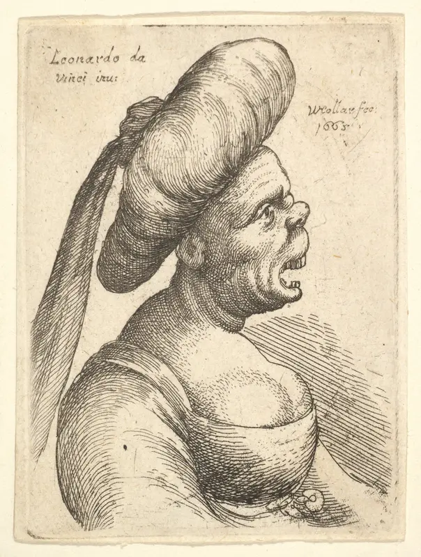 Bust of woman with wide open mouth and up-turned nose, wearing large flat turban with cloth hanging down behind in profile to right Wall Art by Wenceslaus Hollar - High-Resolution Digital Print