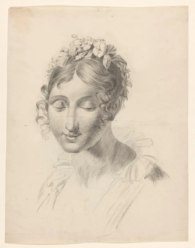 Buste van vrouw met bloemen in het haar Wall Art by Johannes Tavenraat - High-Resolution Digital Print