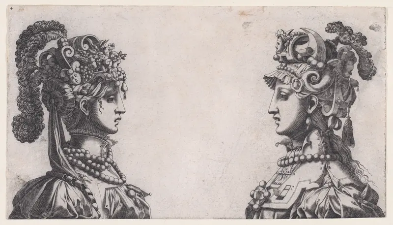 Busts of Two Women Wearing Fantastical Head-dresses Wall Art by René Boyvin - High-Resolution Digital Print