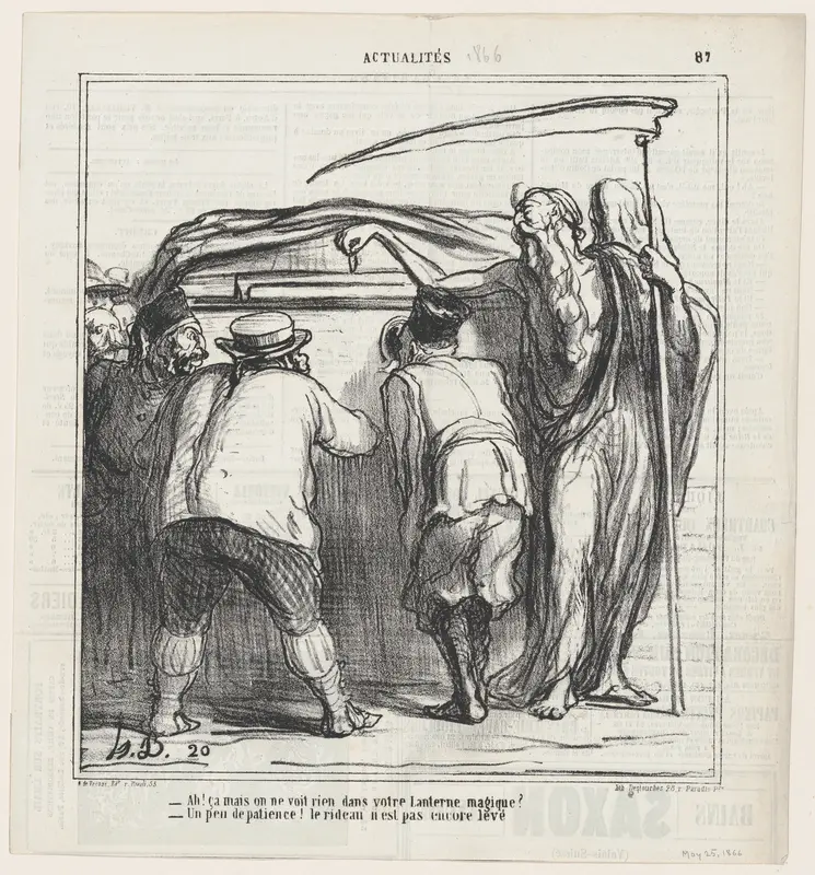 –But look, I don't see a thing in your magic lantern! –Just be a bit more patient... the curtain isn't up yet., from 'News of the day,' published in Le Charivari, May 25, 1866 Wall Art by Honoré Daumier - High-Resolution Digital Print