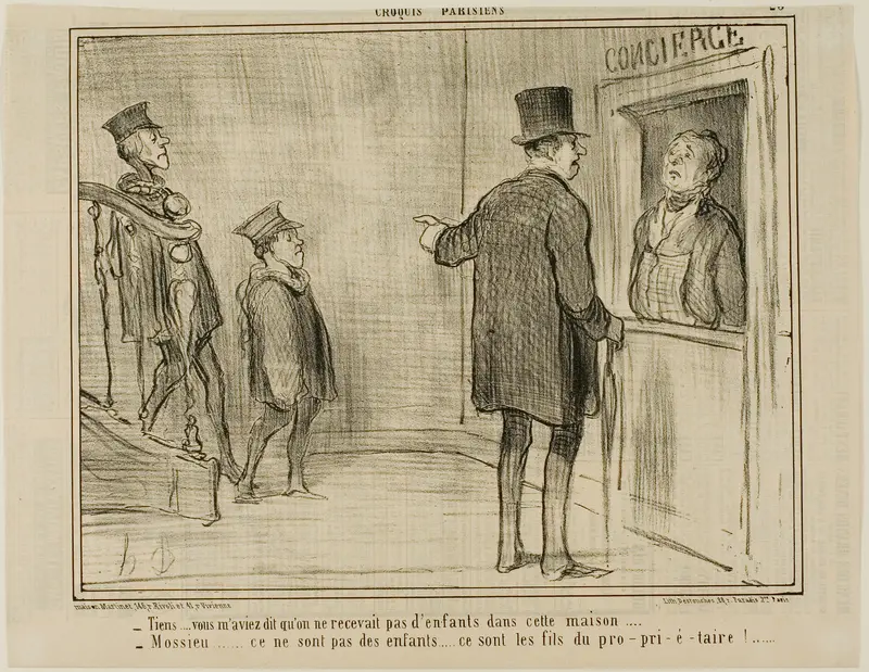 “- But you told me that children are not allowed in this house... - Sir, these are not children... they are the sons of the owner!...,” plate 23 from Croquis Parisiens, - par Daumier