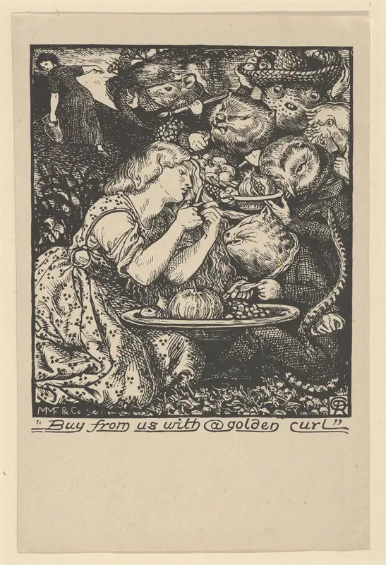 Buy from Us with a Golden Curl (frontispiece to "Goblin Market and other Poems" by Christina Rossetti) Wall Art by Dante Gabriel Rossetti - High-Resolution Digital Print