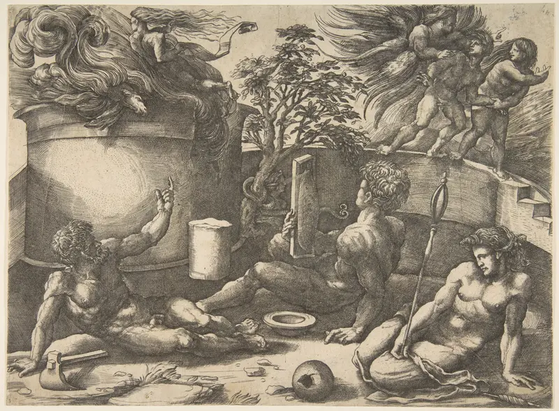 Cain holding a mirror watching his sacrifice engulfed in flames, Adam and Eve seated nearby; in the upper right an angel expelling them from Paradise Wall Art by Agostino Veneziano (Agostino dei Musi) - High-Resolution Digital Print