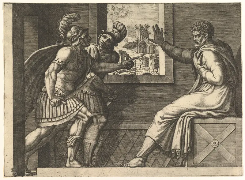 Caius Marius in prison; two Cimbrian soldiers entering his cell Wall Art by Giorgio Ghisi - High-Resolution Digital Print