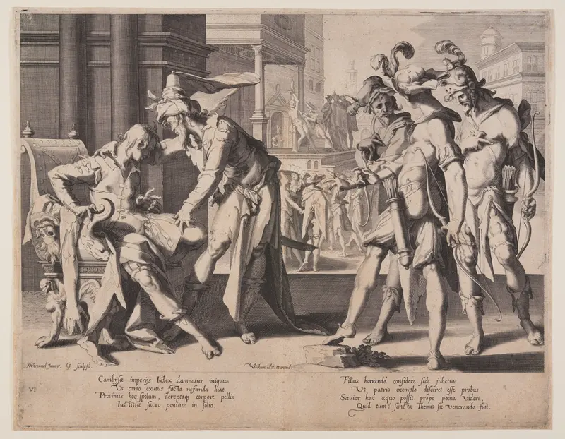 Cambyses Commanding Flaying, plate 6 from Thrones of Justice (Thronus Iustitiae) Wall Art by Willem van Swanenburgh - High-Resolution Digital Print