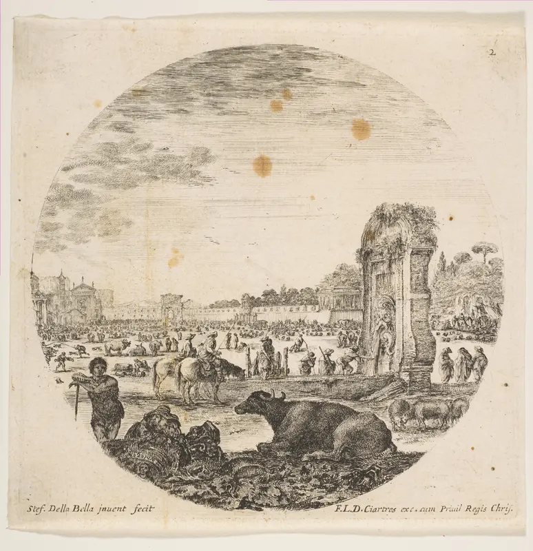 Campo Vaccino, a buffalo and two shepherds in center, the Fontanone to right in the middle ground, various animals and people in the background, plate 2 from "Roman landscapes and ruins" (Paysages et ruines de Rome) Wall Art by Stefano della Bella - High-Resolution Digital Print