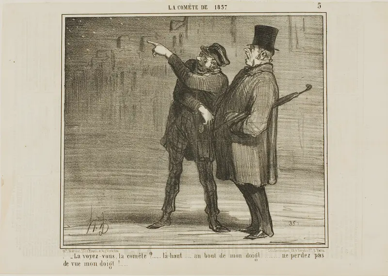 "- Can you see the comet?... just there, at the tip of my finger ... don't lose sight of my finger tip!," plate 5 from La Comète De 1857