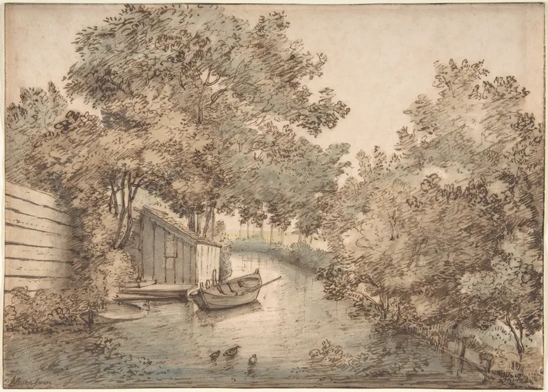 Canal with a Boat and Ducks Wall Art by Anthonie van Borssom - High-Resolution Digital Print