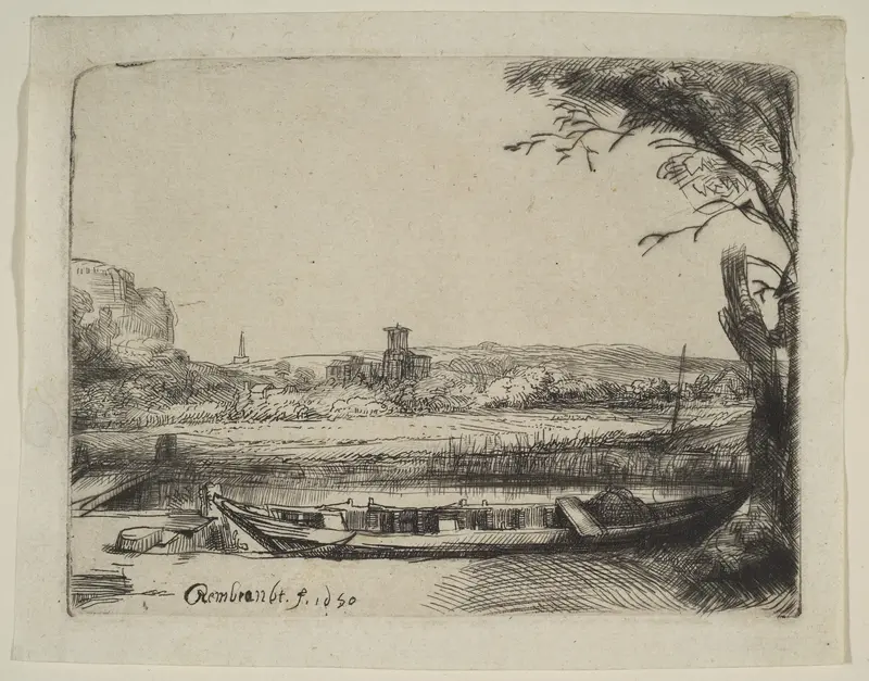 Canal with a Large Boat and a Bridge Wall Art by Rembrandt (Rembrandt van Rijn) - High-Resolution Digital Print