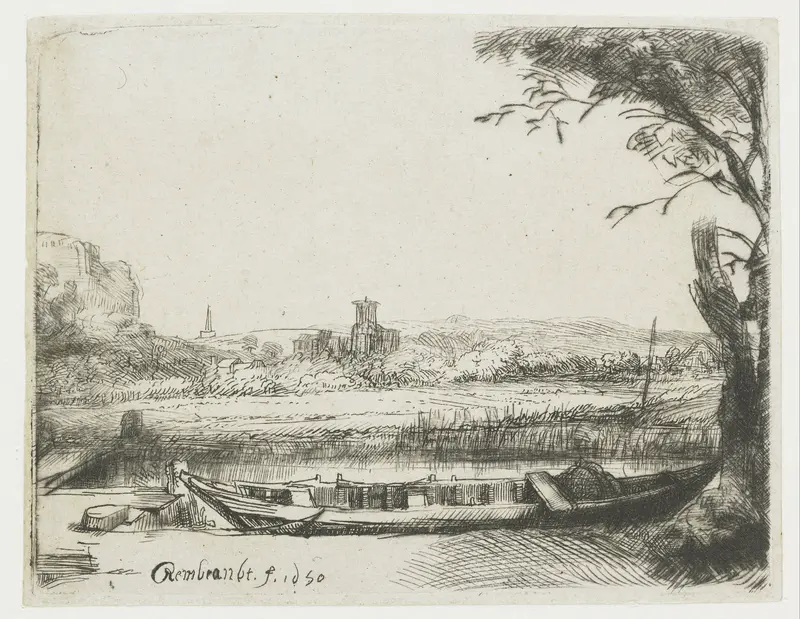 Canal with a large boat and a bridge ('Het schuytje op de voorgrond') Wall Art by Unknown - High-Resolution Digital Print