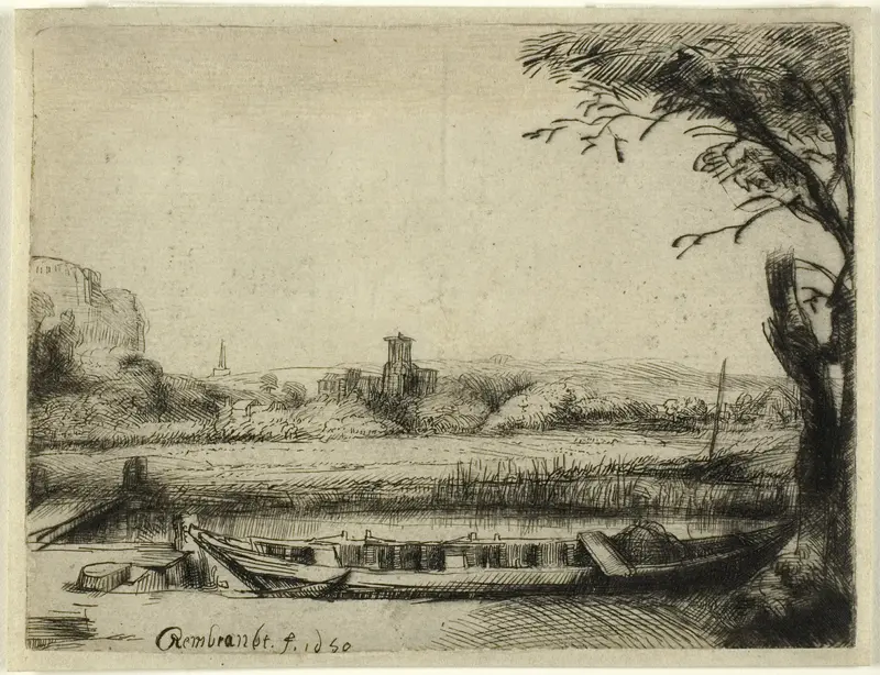 Canal with a Large Boat and a Bridge Wall Art by Rembrandt van Rijn - High-Resolution Digital Print