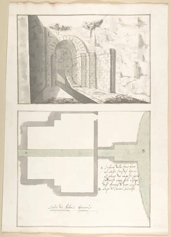 Canalization of the Mouth of the Sasso Vino into the Lake of Castel Gandolfo: Perspective and Plan Wall Art by Pietro Paolo Coccetti (Cocchetti) - High-Resolution Digital Print