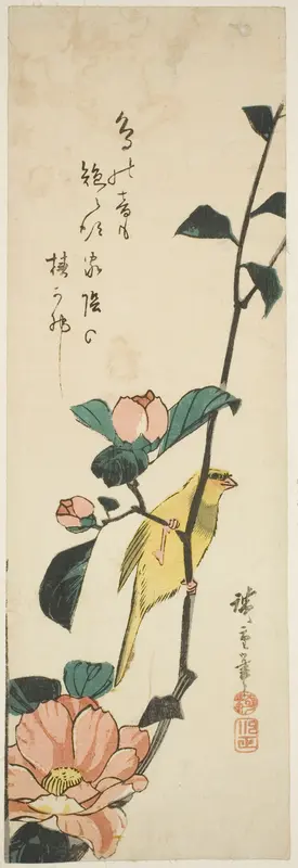 Canary and camellias Wall Art by Utagawa Hiroshige - High-Resolution Digital Print