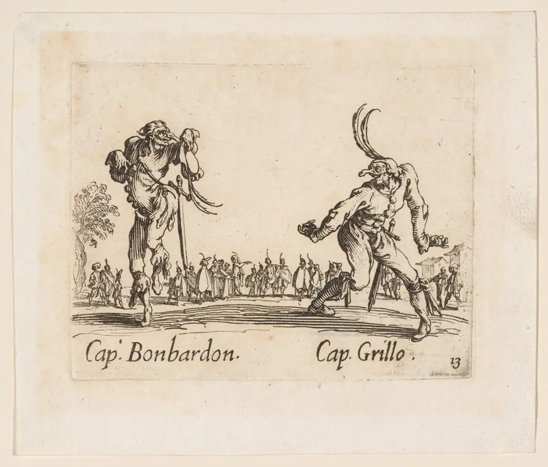 Capitano Bonbardon and Capitano Grillo, plate 13 from "Balli di Sfessania" (Dance of Sfessania) Wall Art by Jacques Callot - High-Resolution Digital Print