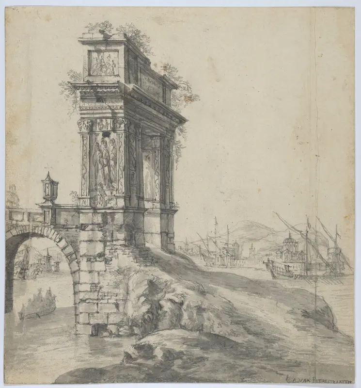 Capriccio of a Bridge with the Arcus Argentariorum by a Mediterranean Harbor Wall Art by Johannes Abrahamsz Beerstraten - High-Resolution Digital Print