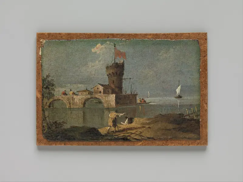 Capriccio with a Circular Tower, Two Houses, and a Bridge Wall Art by Francesco Guardi - High-Resolution Digital Print