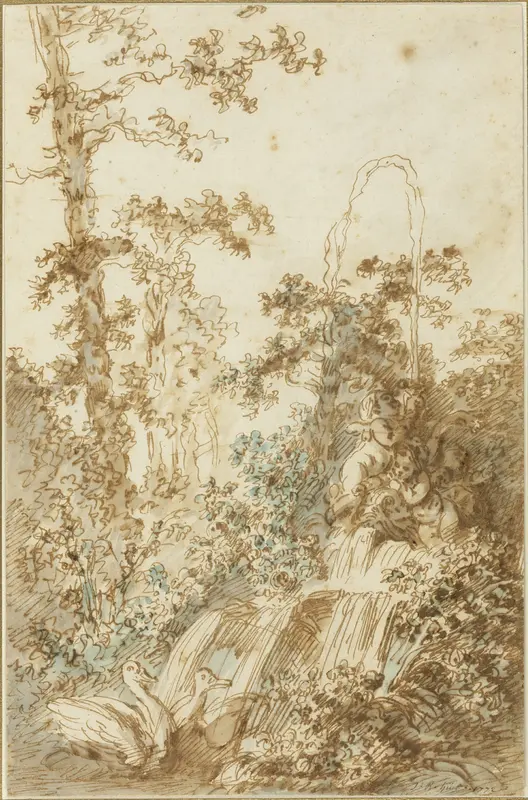 Capriccio with Fountain and Frolicking Swans Wall Art by Jean Baptiste Huet - High-Resolution Digital Print
